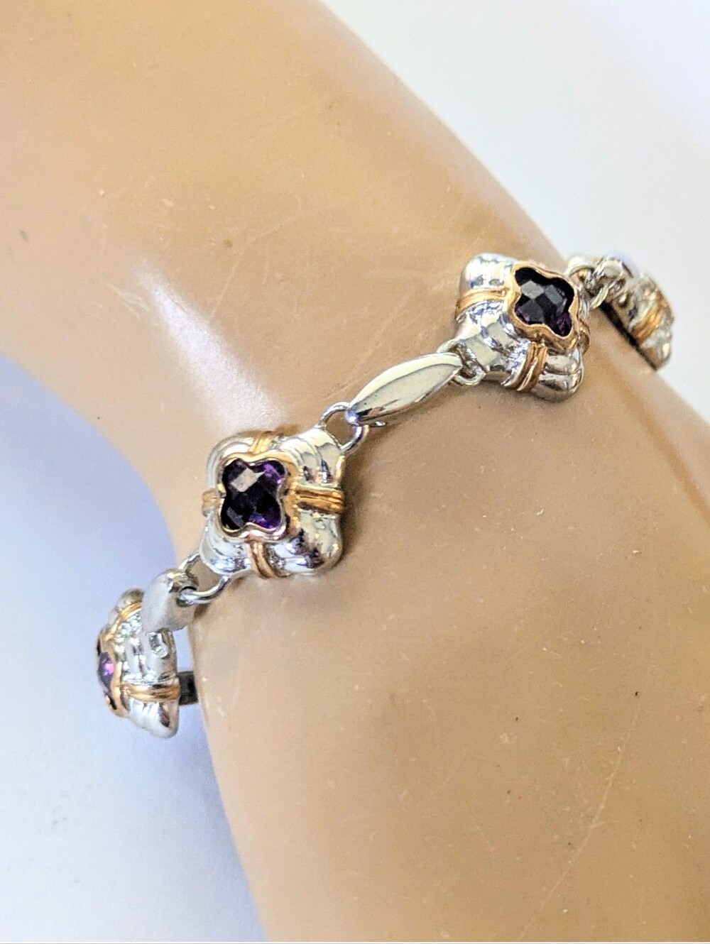 Vintage Silver Plated Gold Accent Purple Crystal Clover Station Link Bracelet 7" - Picture 5 of 9